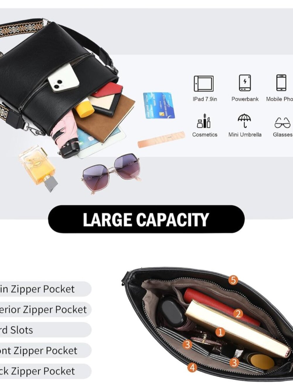 Crossbody Bags For Women Multi Zipper Pockets Shoulder Handbags Lightweight Medi View 3